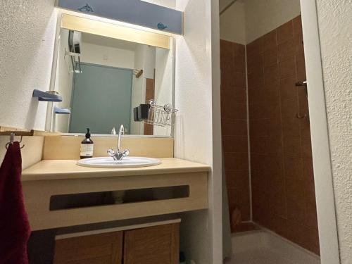 une salle de bain avec un lavabo, un miroir et une douche dans l'établissement Confortable 2 pièces cabine à Sète, proche plage et commerces - FR-1-338-516, à Sète