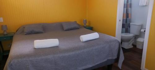 a bedroom with a bed with two white pillows on it at Cabañas Quimantu-Aguas Calientes in Puerto Varas