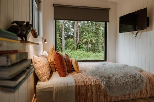 a bedroom with a bed with a large window at Blackwattle Farm in Beerwah