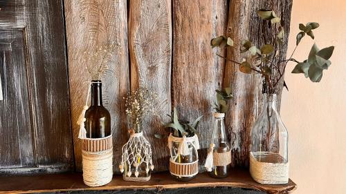 Un estante con botellas y jarrones en una pared. en Chillout House, en Monteverde