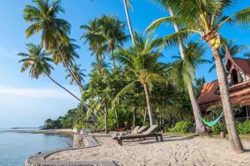 a beach with palm trees and benches on it at Five Islands Beach House Samui in Amphoe Koksamui