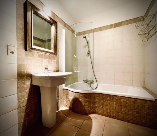 a bathroom with a sink and a bath tub at La chambre d’auguste in Saint-Hubert