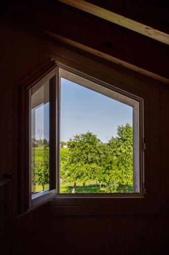 a window with a view of a green field at Ranch borgo bella vita in Cavalier