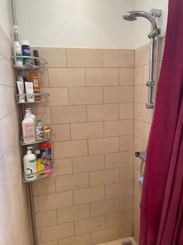 a bathroom with a shower with a shower curtain at Familievenlig lejlighed tæt på Amager Strand in Copenhagen