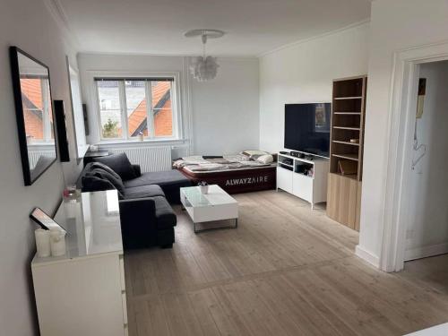 a living room with a couch and a tv at Familievenlig lejlighed tæt på Amager Strand in Copenhagen