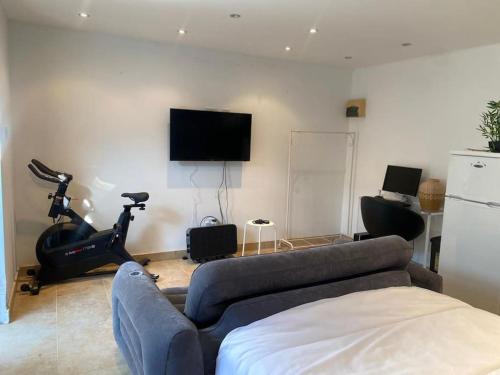 a living room with a couch and a exercise bike at Summer guest house with hottub and BBQ area in Winchmore Hill