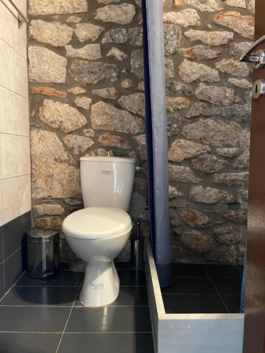a bathroom with a toilet in front of a stone wall at Torre di Maina in Kharoúdha