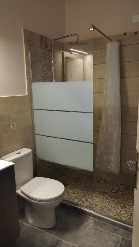 La salle de bains est pourvue d'une douche et de toilettes. dans l'établissement Deluxe Studio Tolo, à Tolón