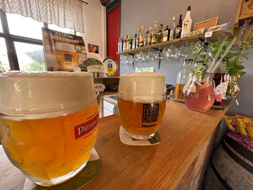 two glasses of beer sitting on a bar at Na Statku Babiččino údolí in Česká Skalice