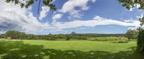 a green field with trees and a cloudy sky at Blackwattle Farm in Beerwah