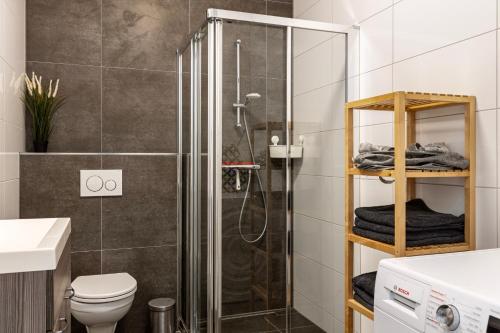 uma casa de banho com uma cabina de duche e um WC. em Hertog 2 Modern and perfectly located apartment em Eindhoven