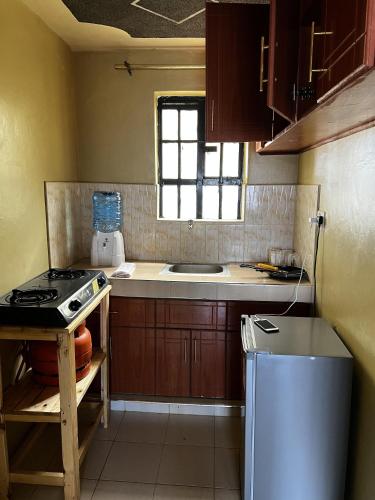 Una pequeña cocina con estufa y fregadero. en Impeccable homely 1-Bed Apartment in Nairobi, en Nairobi