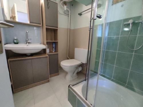 een badkamer met een toilet, een wastafel en een douche bij MARSEILLAN-PLAGE - Studio climatisé avec coin nuit séparé - Terrasse & parking privé in Marseillan
