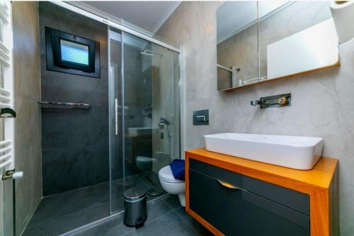 a bathroom with a sink and a shower and a toilet at Villa Diamond in Marmaris