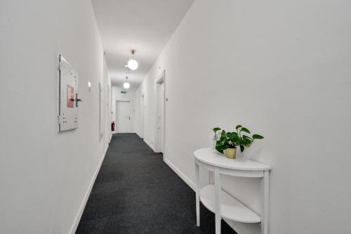 a hallway with white walls and a white table at Elisabeth Old Town in Bratislava