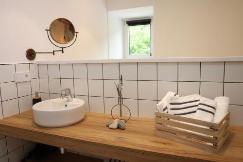 a bathroom with a sink and a mirror at GOIZARTE Apartamentos turísticos rurales. 