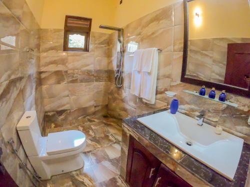 een badkamer met een wastafel, een toilet en een spiegel bij Terrace Garden Ayurveda Resort in Weligama