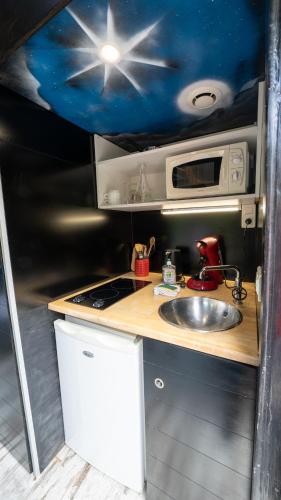 a small kitchen with a sink and a microwave at Le Village de la Champagne - Slowmoov in Bar-sur-Aube