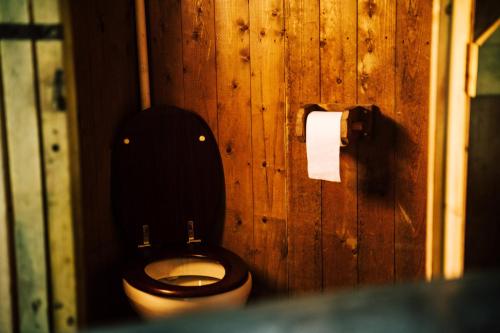 a wooden bathroom with a toilet and a roll of toilet paper at Hof ter Pierlapont Brugge by Feather Down in Zedelgem