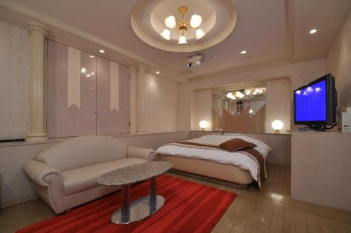 a bedroom with a bed and a couch and a tv at ホテル ネグレスコ in Tsukaguchi