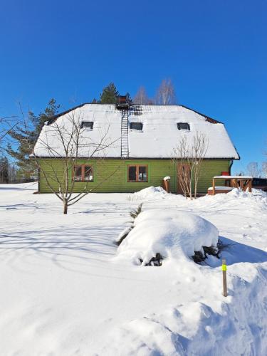 een sneeuwbedekte tuin met een groen huis bij Kõrgemäe puhketalu in Eoste