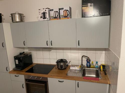 una cocina con armarios blancos y fregadero en Appartement Trier Zentrum ( mit Mosel Blick ), en Trier