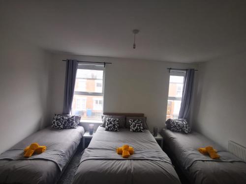 a room with two beds with orange teddy bears on them at Family Room - Sutherland Place in Derby