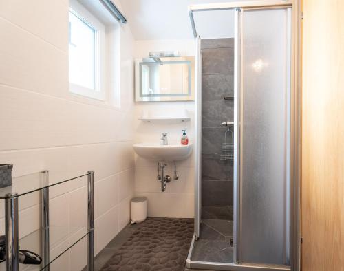 a bathroom with a shower and a sink at NaturparkResort Xeisblick in Palfau