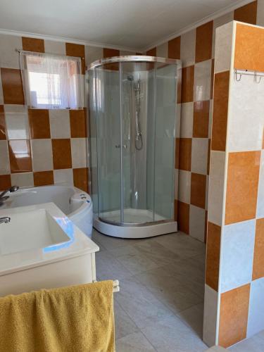 a bathroom with a shower and a toilet and a sink at House Damado Deluxe in Öttevény