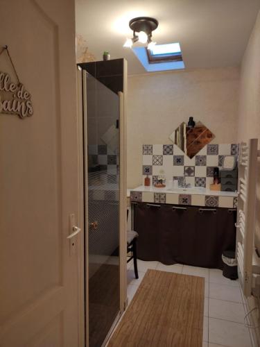 a bathroom with a sink and a shower in a room at Gîte de La Brenelière in Cirière