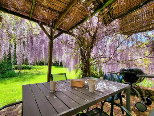 einen Picknicktisch unter einem Schirm mit lila Blumen in der Unterkunft Les Granges Indigo in Fossemagne