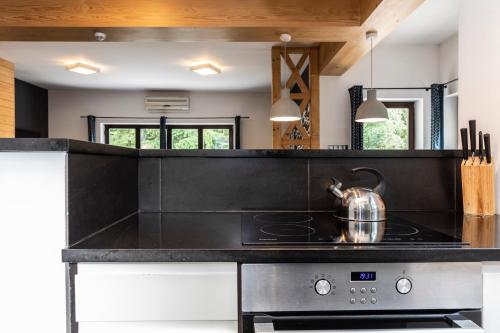 a kitchen with a stove with a tea kettle on it at TatryTop Alpejski SPA in Kościelisko