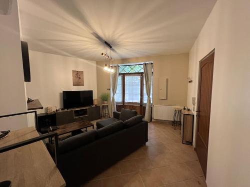 a living room with a couch and a tv at Appartement au coeur du village in Pernes-les-Fontaines