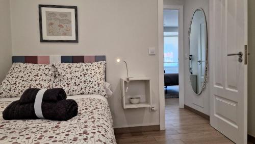 a bedroom with a bed and a mirror and a door at Soleado a un Paseo de la Catedral in Santiago de Compostela