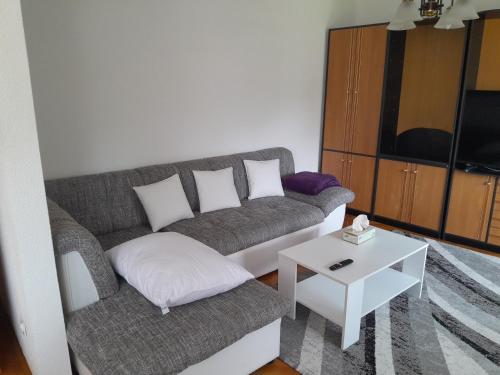 uma sala de estar com um sofá e uma mesa em Apartman Majda em Lepoglava