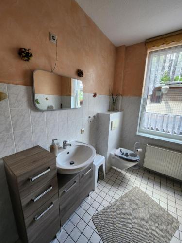 uma casa de banho com um lavatório e um WC em Ferienwohnungen Lindemann em Wernigerode