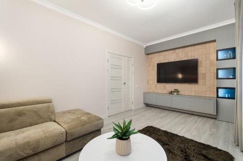a living room with a couch and a tv at Great Apartment 2 in Chişinău