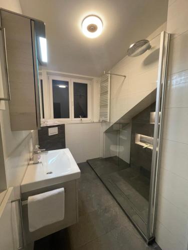 een badkamer met een wastafel en een glazen douche bij Ferienwohnung MaRe in Oberteuringen