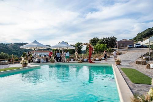 a group of people standing around a pool at a wedding at Agriturismo Sa Tanca Noa in Tergu