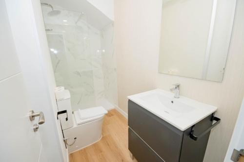 La salle de bains est pourvue d'un lavabo, de toilettes et d'un miroir. dans l'établissement For You Rentals Cozy and charming 3-bedroom apartment in Madrid ASR18, à Madrid