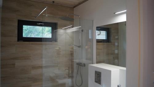 a bathroom with a glass shower with a sink at Vega Apartamenty in Pobierowo
