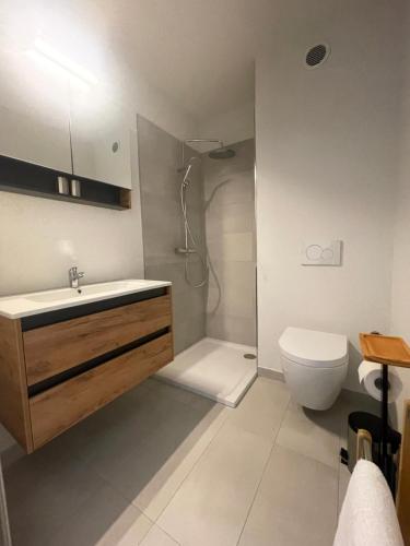 a bathroom with a toilet and a sink and a shower at vom See auf die Skipiste in Feldkirchen in Kärnten