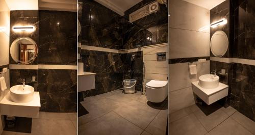 two pictures of a bathroom with two sinks and a mirror at The Nest Inn Resort in Masinagudi