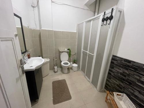 a small bathroom with a toilet and a sink at Godson Apartment in Haifa