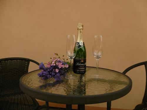 a bottle of champagne on a table with two glasses at Chata u hajného in Jindřichov