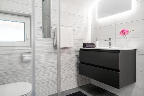 Baño blanco con lavabo y aseo en Sobe in apartmaji Bama en Litija