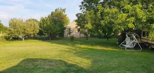 a yard with a white object in the grass at Dália Apartmanok in Csopak