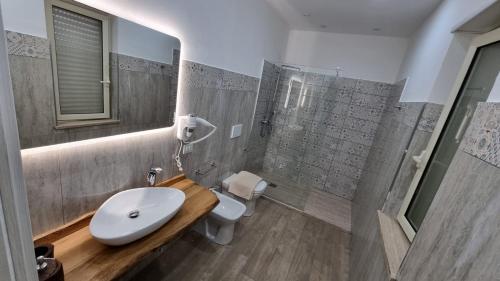 ein Bad mit einem Waschbecken, einer Dusche und einem WC in der Unterkunft LA PACE DEGLI AGRUMI in Pannaconi