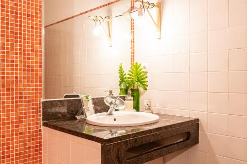 a bathroom with a sink and a mirror at Santa Luzia Green Apartment in Santa Luzia