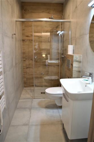 a bathroom with a shower and a toilet and a sink at Villa & Gospoda Krakowska in Kobiernice